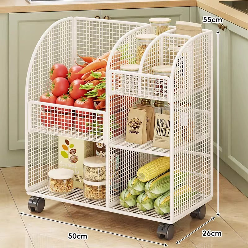 Modular belüfteter Mesh-Vorratstrolley mit geteilten Regalen und glatten arretierbaren Rollen