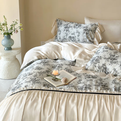 Toile-Muster Seiden-ähnliches Rüschen Bettbezug-Set mit Cascade Bettrock und Schleifen-Kissenbezügen