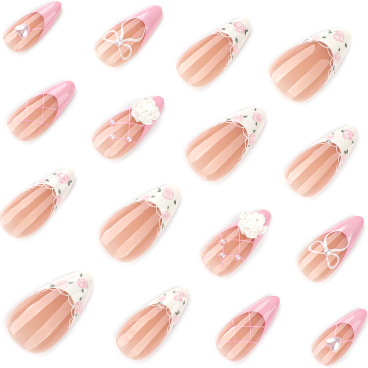 Kunstvolle Nagelkunst mit floralen Details und Schleifenverzierungen Brehn