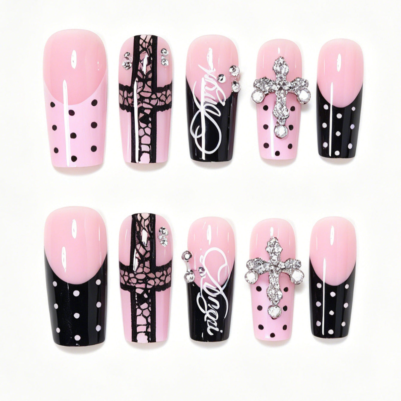 Künstlerisches Lang-Press-On-Nageldesign-Set mit Kreuzakzenten Brehn