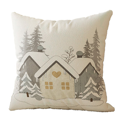 Winter Cottage Embroidered Plush Square Throw Pillow Cover with Hidden Zipper