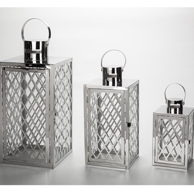Moderne polierte Gitter-Metalllaterne-Kollektion mit Scharniertür und oberem Schlaufengriff Brehn