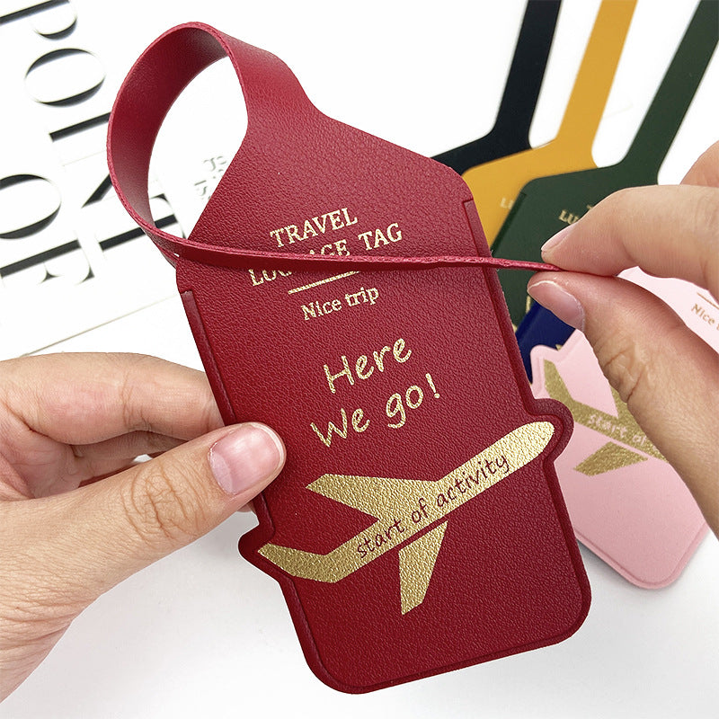 premium leder reisegepäck ID-Tag mit geprägtem Flugzeugmotiv und verstellbarem Riemen Brehn
