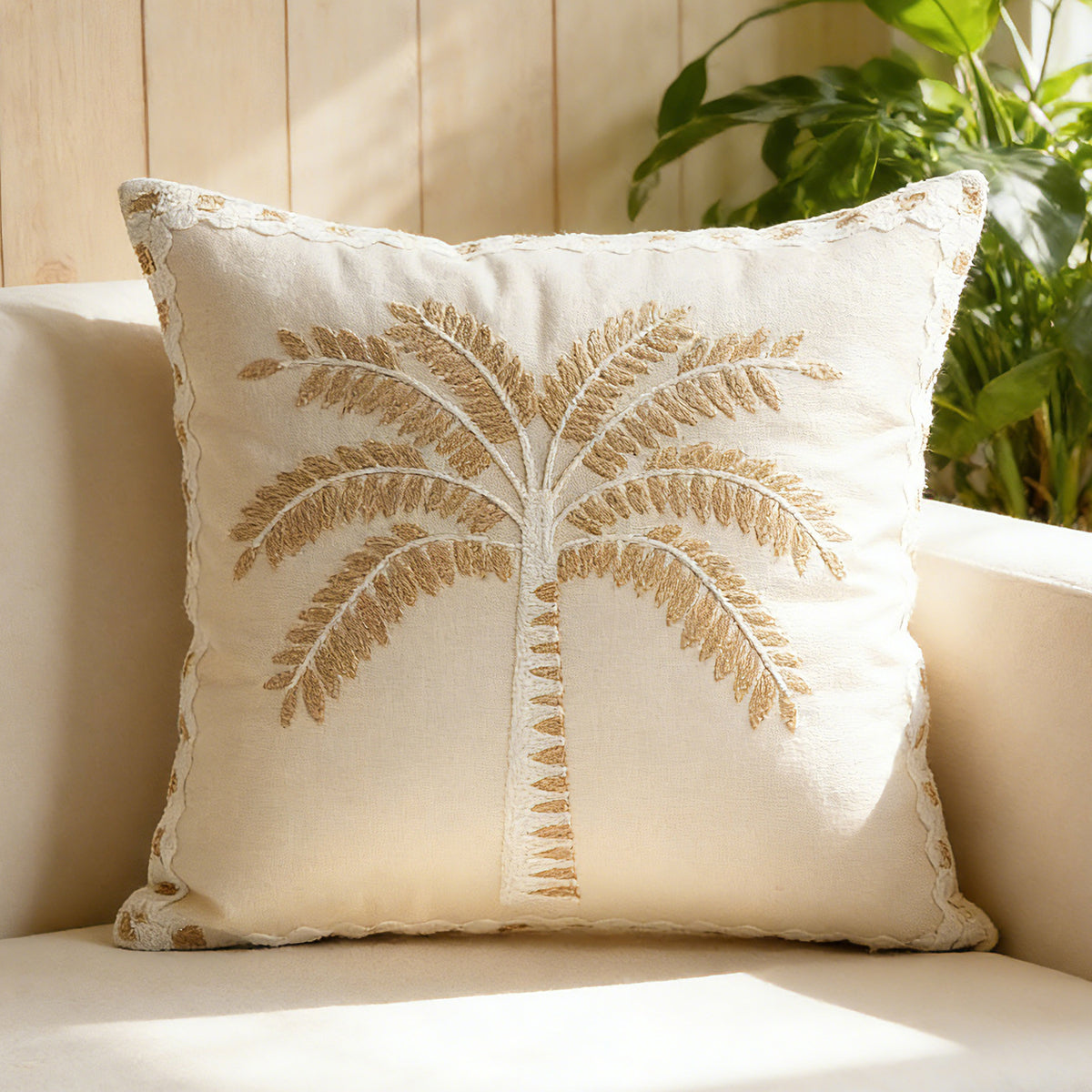 Besticktes Palm-Leinen Dekoratives Wurfkissen