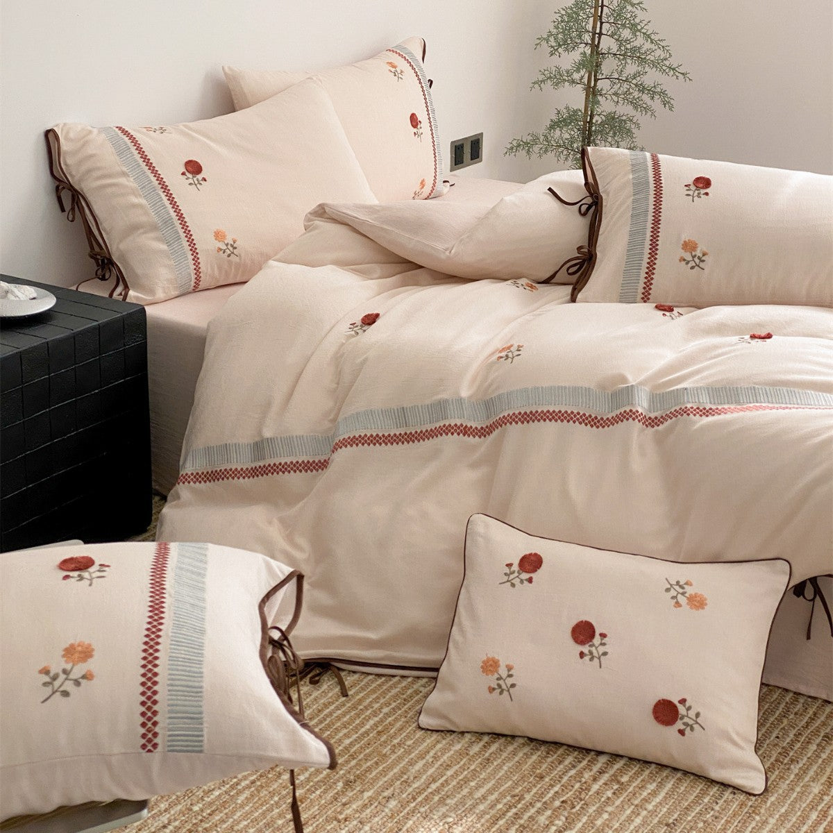 Bestickte Floral Baumwoll-Leinen Bettdeckenbezug Set mit Eckbindern