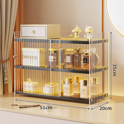 Mehrerebenen-Acryl-Parfüm- und Make-up-Displayregal mit schiebbaren Türchen mit goldenen Verzierungen