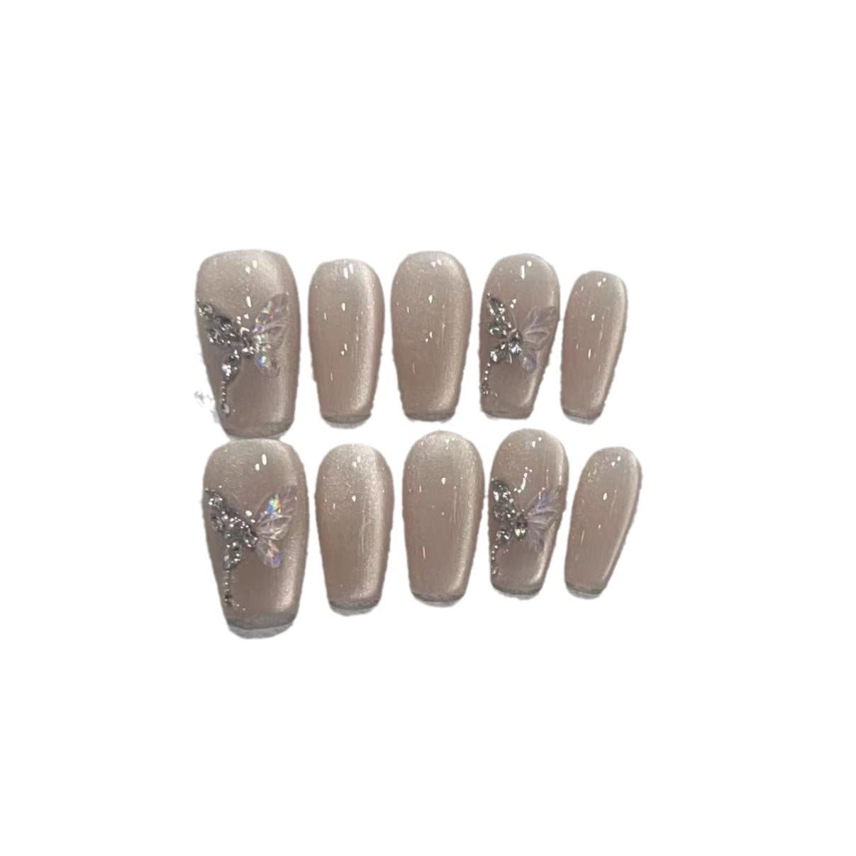 Stilvolles Press-On Nagelkunst-Set mit eleganten Schmetterlings- und Juwelenelementen Brehn