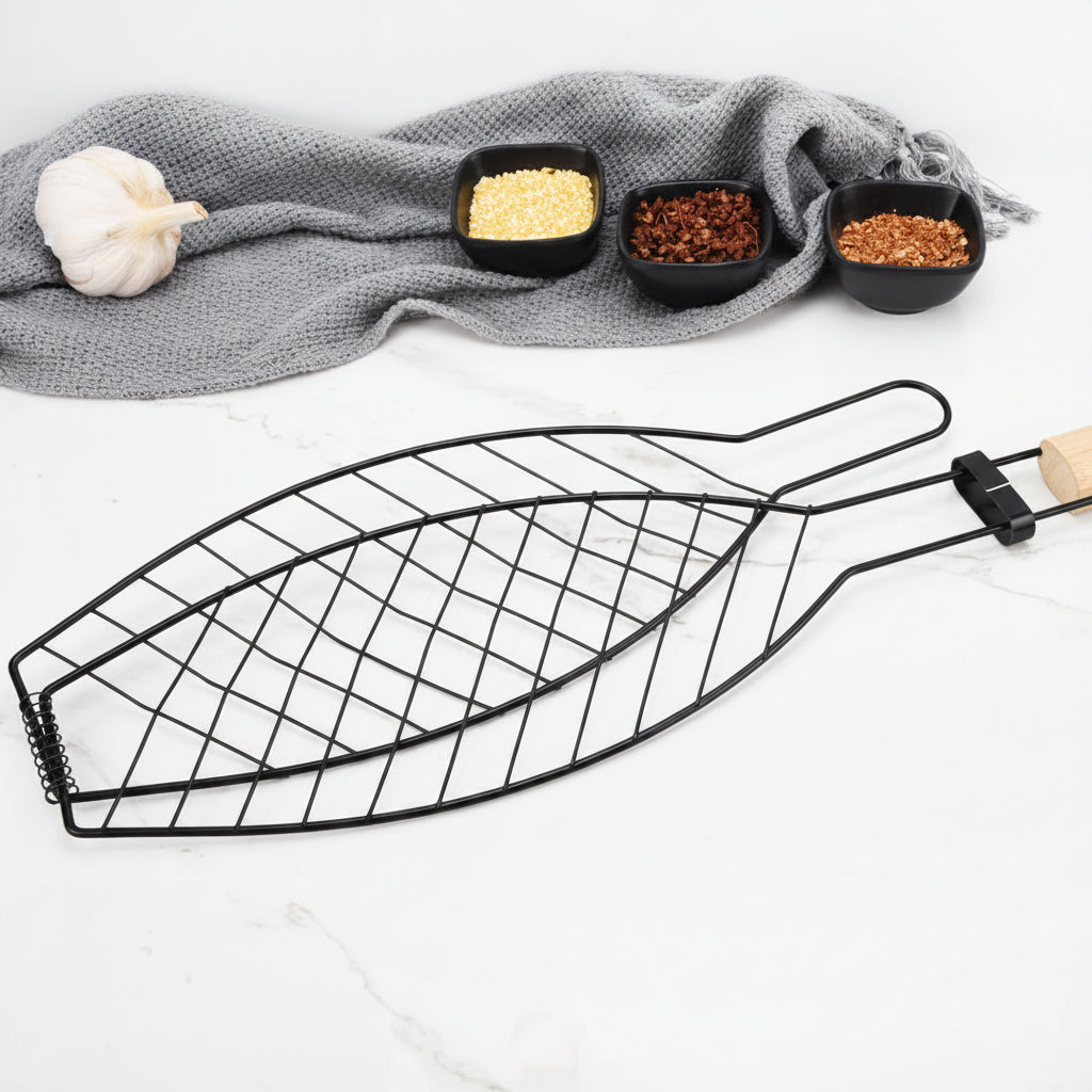 Fischgrillkorb Für Ganze Fische mit Klappbarem Holzgriff und Rautenförmigem Grillgitter Brehn