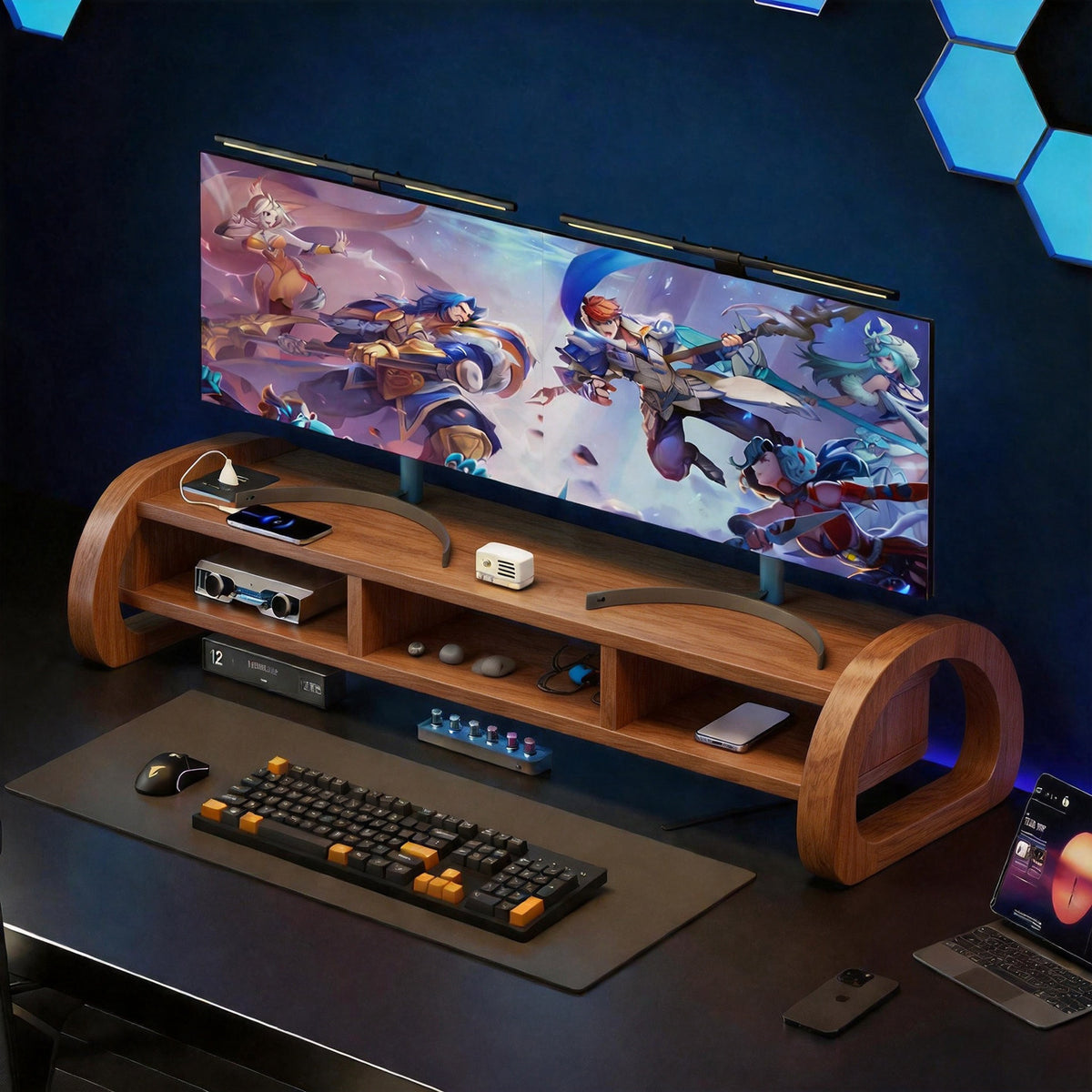 Holz-Monitorständer mit Metallrahmen Erhöhte Desktop-Regal