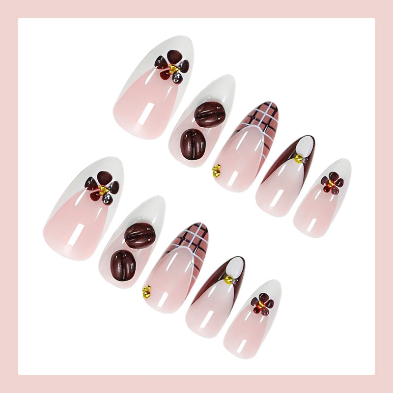 Kunstnagelset mit elegantem Kaffee- und Blumen-Motiv Brehn