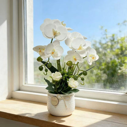 Elegante Kunst-Orchidee und Rosenpflanzenarrangement für Dekor