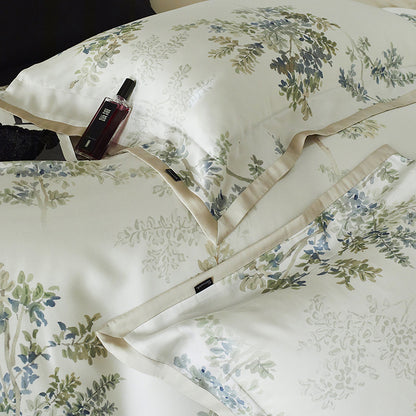 Luxuriöses Baumwollsatin-Bettwäsche-Set mit feinem botanischem Zweigmuster und seidig-weichem Griff