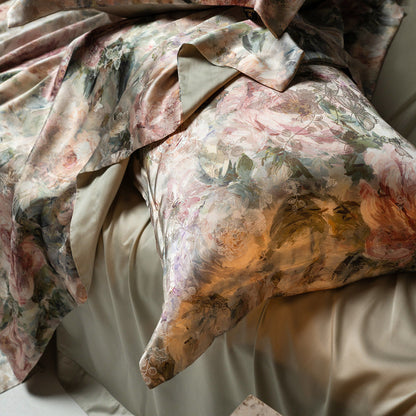 Florales Satin-Effekt Luxus Bettbezug-Set mit wendbarem Seiden-ähnlichem Finish und Oxford-Kissenbezügen