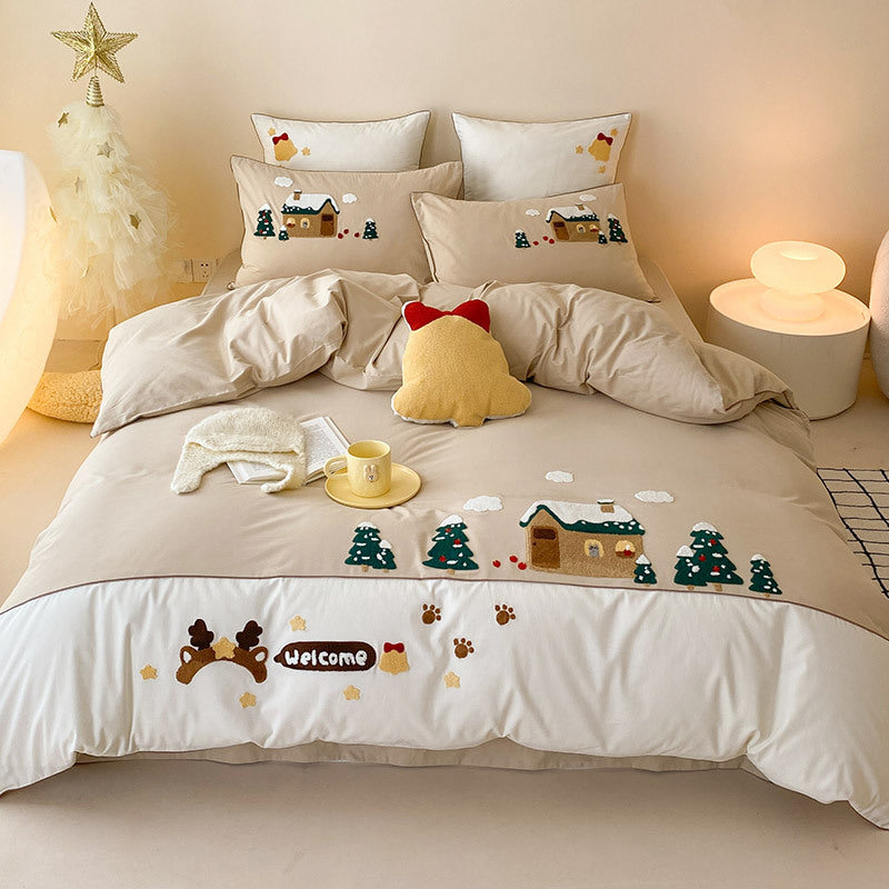 Kuscheliges Bettwäsche-Set mit bestickten Winterhaus- und Tannenbaum-Motiven