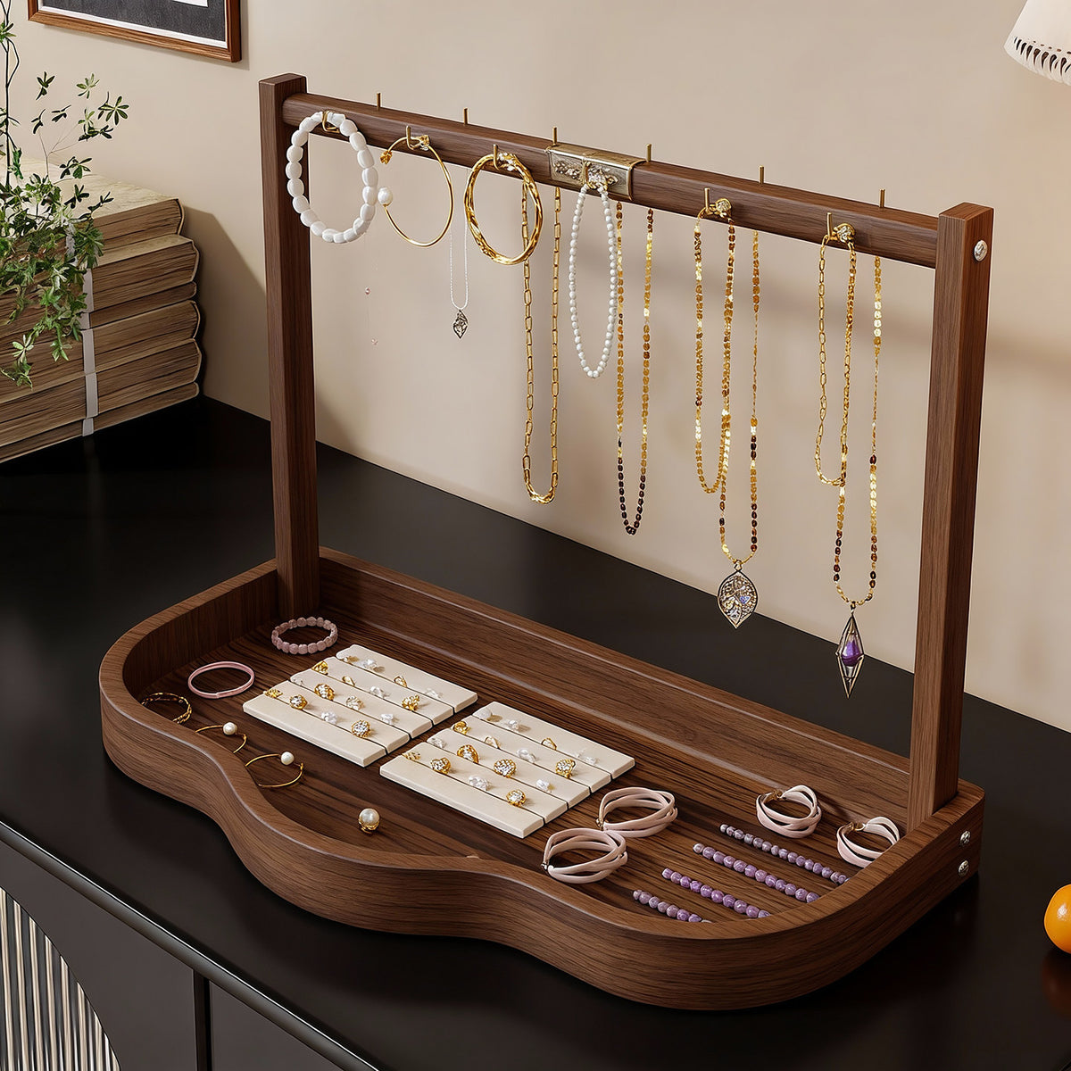 Holz Schmuckdisplay und Tablett Organizer mit Hängestange und Ringfächern