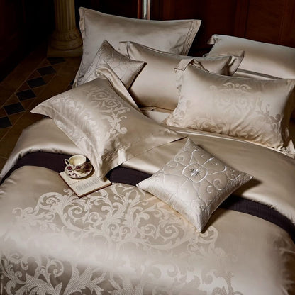 Luxuriöses Jacquard-Damaskus-Baumwollsatin-Bettbezug-Set mit Umschlag-Kissenbezügen
