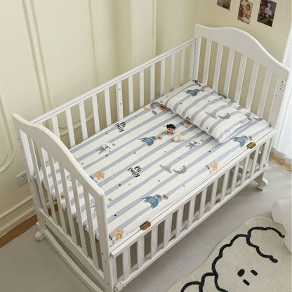 Bedrucktes Bio-Baumwoll-Spannbettlaken und Kissenbezug Set mit niedlichem Elefanten- und Wolken-Kinderzimmermuster