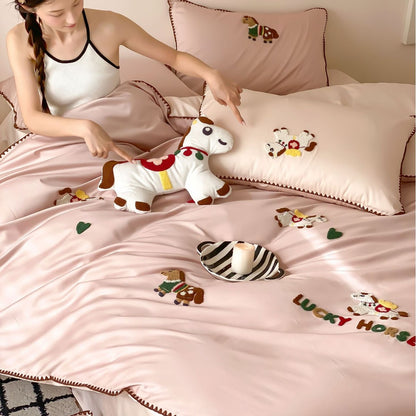 Besticktes Katzenapplikations-Satin-Feeling Bettbezug-Set mit Kontrastpipings und Kissenbezügen