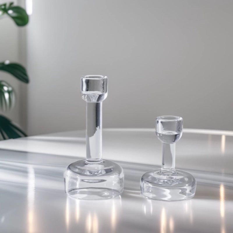 Minimalistische klare Glas-Taper-Kerzenständer-Paar mit gewichtetem Sockel Brehn