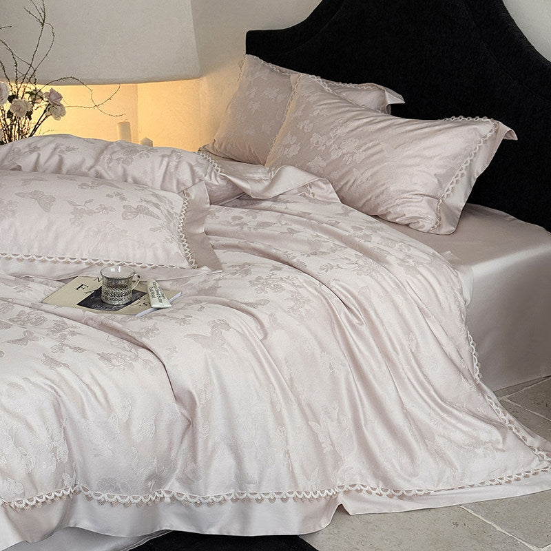 Jacquard Floral Satin-Effekt Bettbezug Set mit gewelltem Spitzenrand