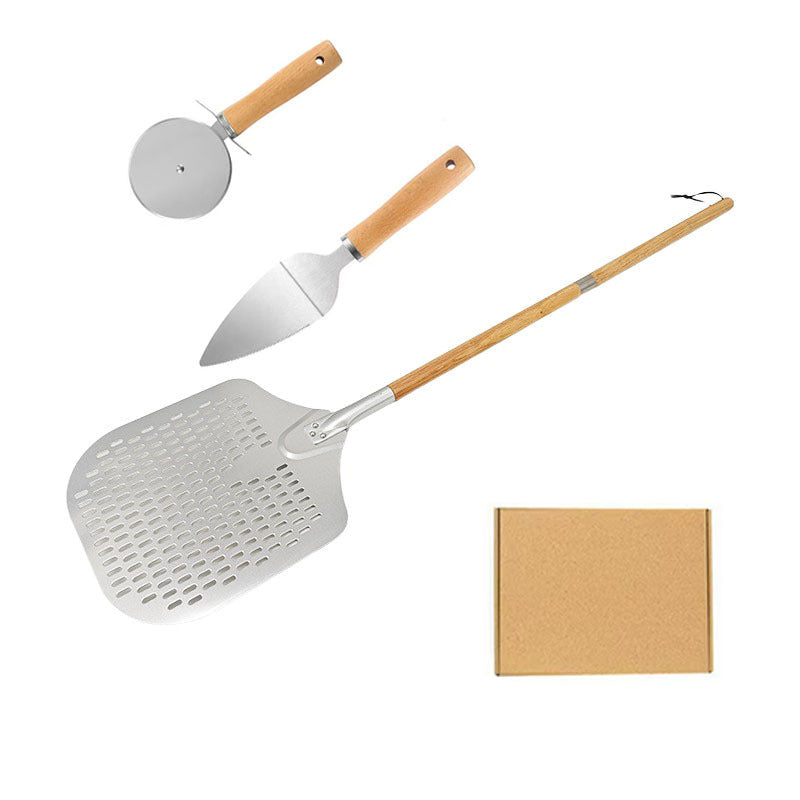 lange Griffe perforierte Pizzaschaufel Set mit Holzgriff Edelstahl Schneider und Dreieckserver Brehn