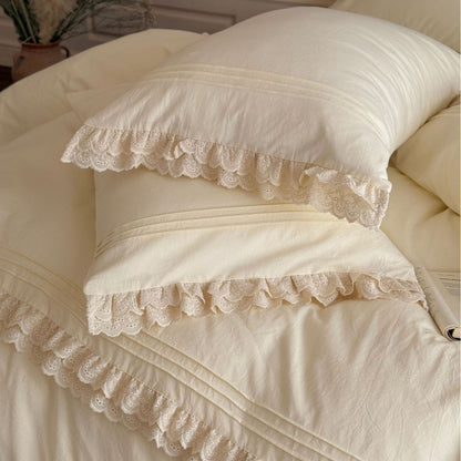 Vintage-inspirierte Rüschencotton-Percale Bettbezug-Set mit gewelltem Spitzenrand