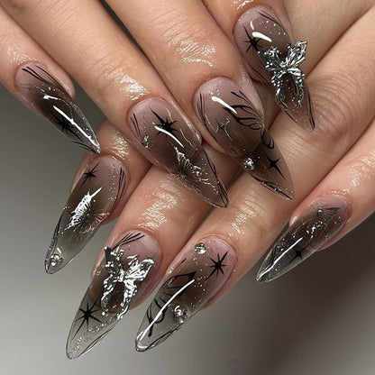 Künstlerisches kurzes Press-On-Nagelset mit floralen und grafischen Designs Brehn