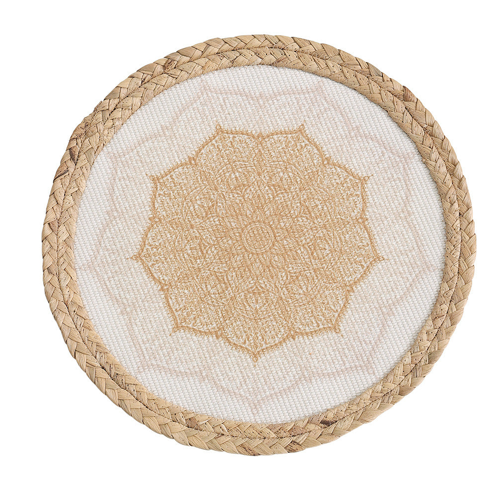 Rundes gewebtes Tischset aus Jute mit Mandala-Baumwollauflage Brehn