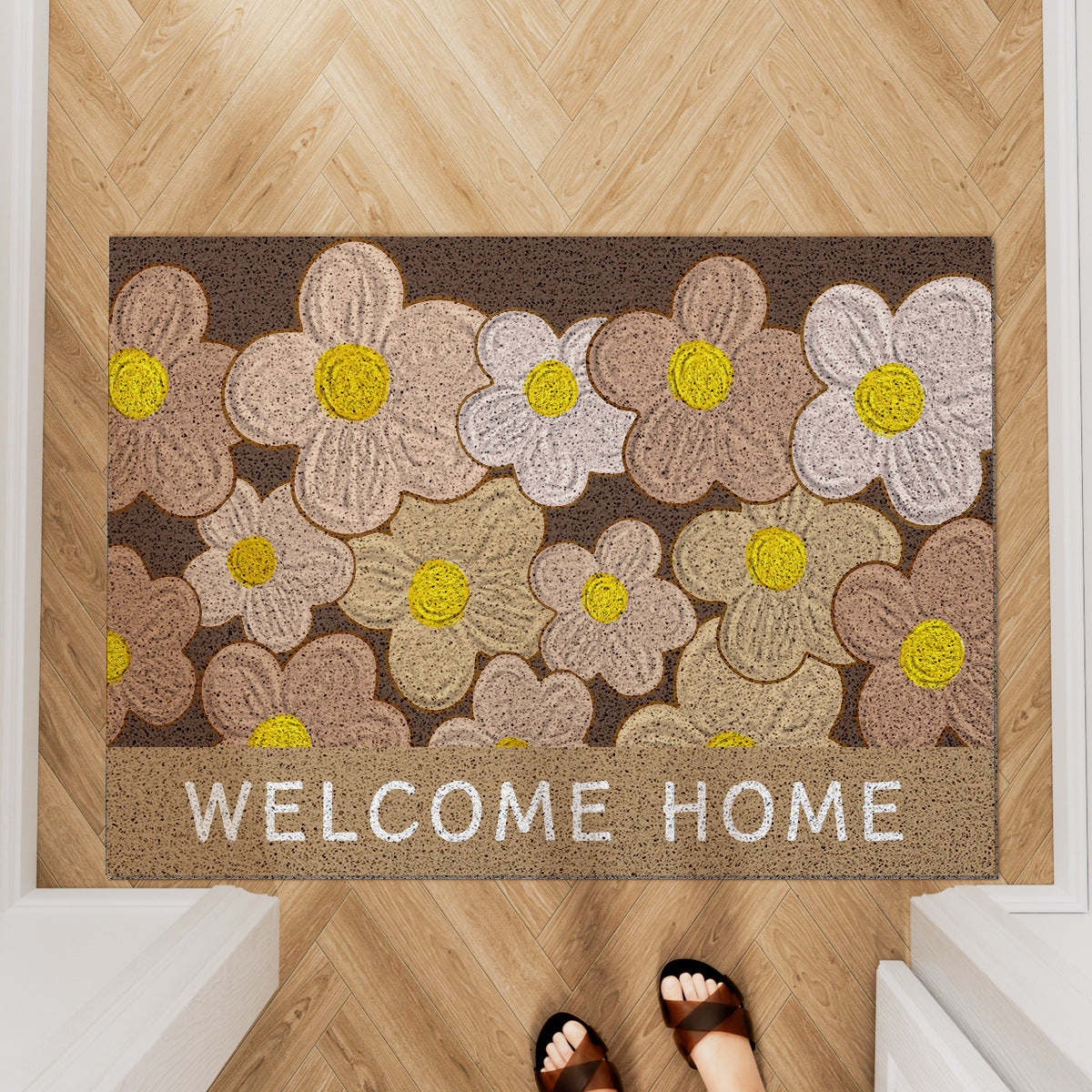 Absorbent Anti-Slip Indoor Entrance Doormat with Retro Yellow Gerbera Print and 'Welcome Home' Typography