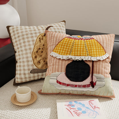 Decorative Gingham Embroidered Pear Appliqué Throw Pillow Cover