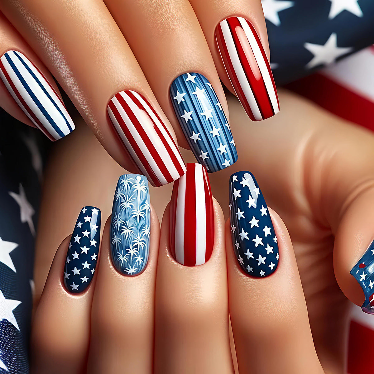 Kunstnägel mit Patriotischem Sternen- und Streifen-Design Brehn
