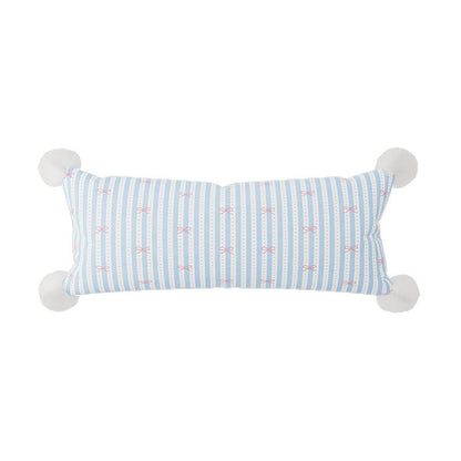 Long Lumbar Decorative Throw Pillow with Pom-Pom Corners and Bow-Striped Cotton-Linen Cover