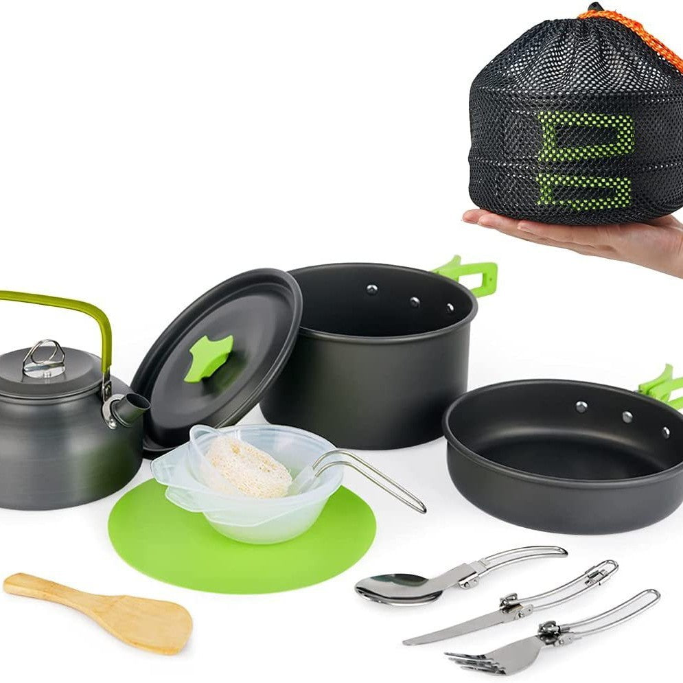 leichgewichtige antihaft Camping Kochgeschirr Set mit faltbaren Griffen, Teekessel, Topf, Pfanne, Utensilien und Netztragetasche Brehn