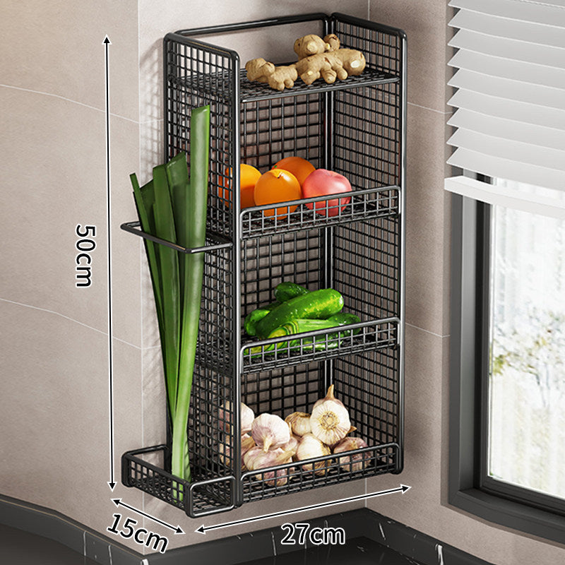 Wandmontierter dreistufiger Mesh-Küchenorganizer mit seitlichem Utensilienfach