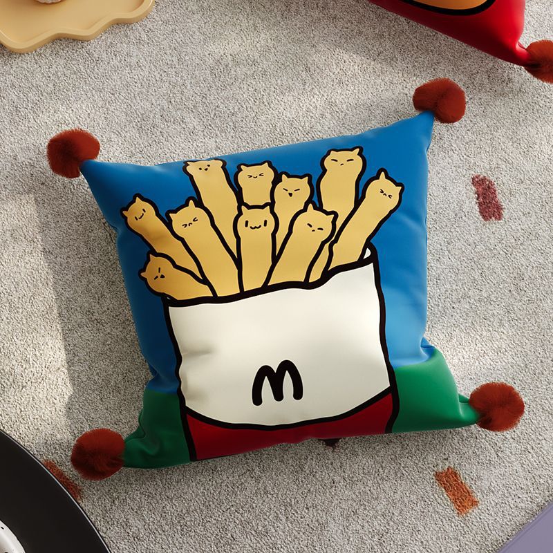 Decorative Cartoon Fries-Cats Square Throw Pillow Cover with Pom-Pom Tassel Corners