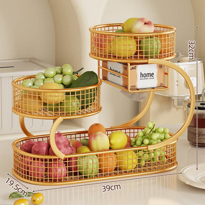 Mehrere Ebenen Spiralförmiger Metall Obst- und Gemüse Lagerstand mit Netz Körben und Taschentuch Box Regal