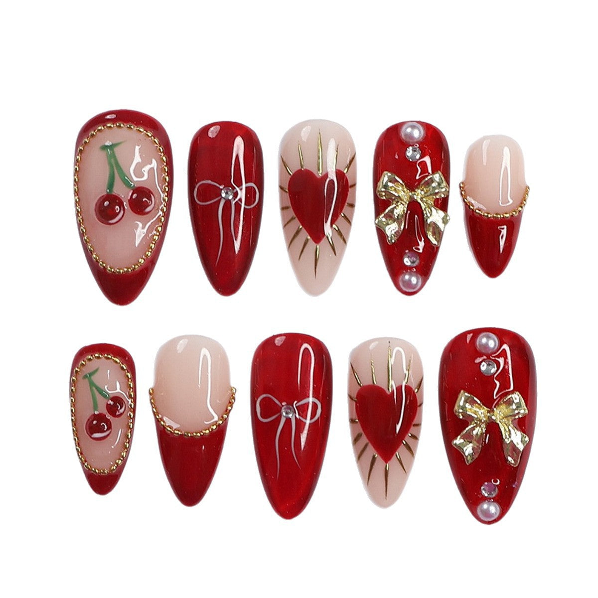 Kreatives Kunstnagelset mit eleganten Herz- und Schleifenmotiven Brehn