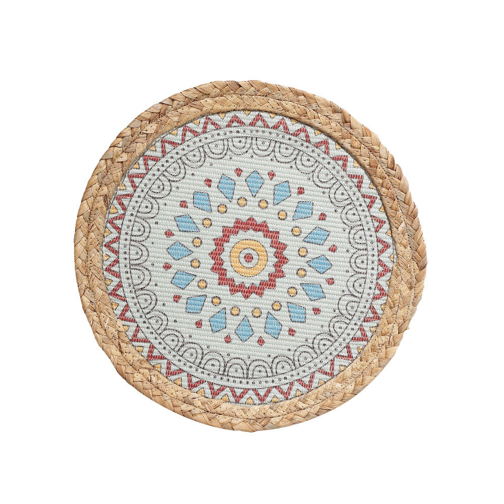 Rundes gewebtes Tischset aus Jute mit Mandala-Baumwollauflage Brehn