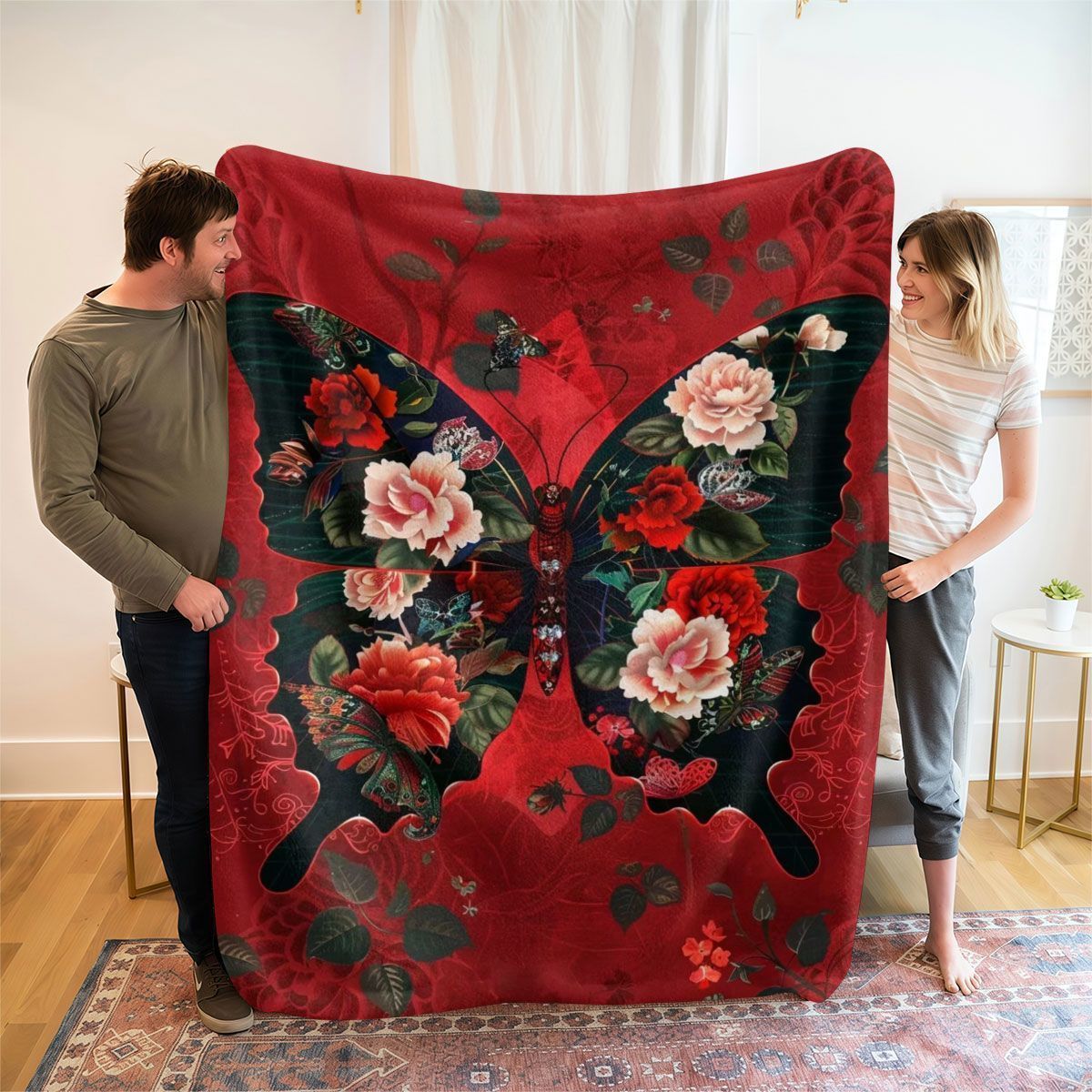 Fluffy Butterfly Print Fleece-Decke