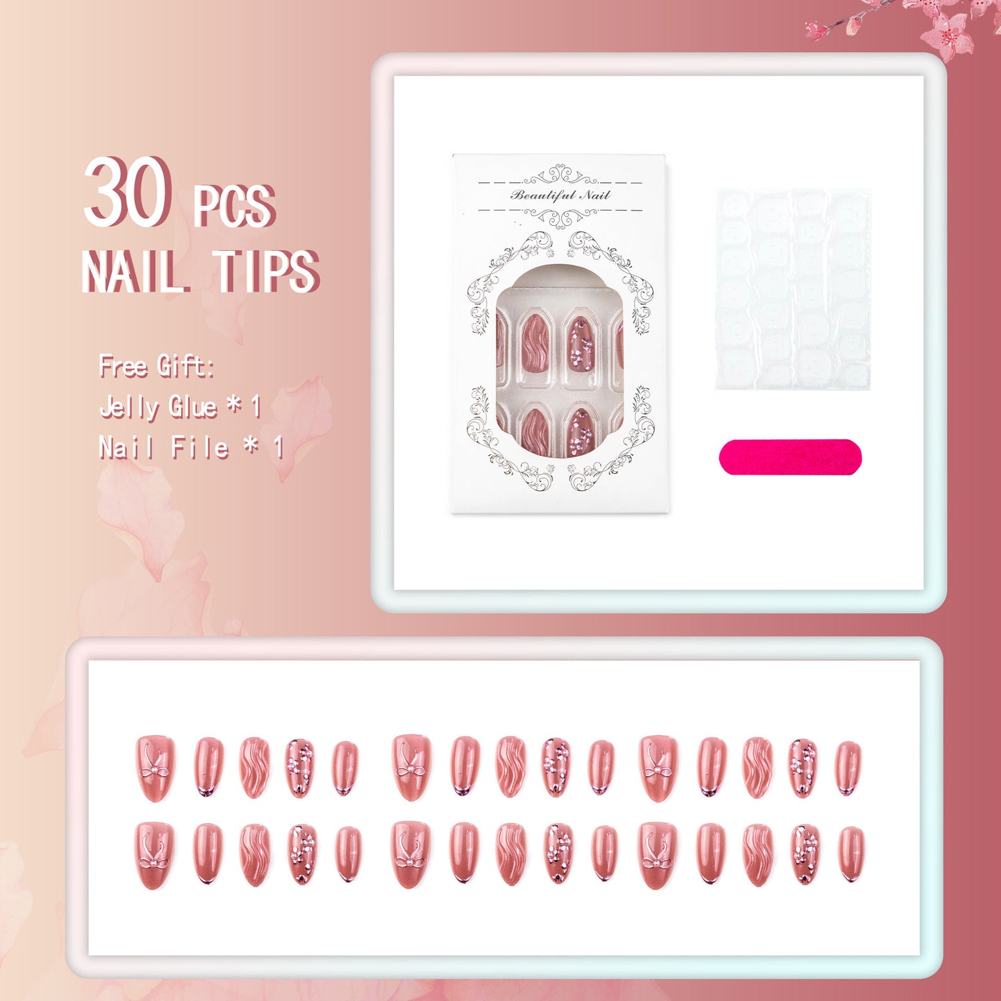 Kunstnagelset mit eleganten Schleifen und Perlenakzenten Brehn