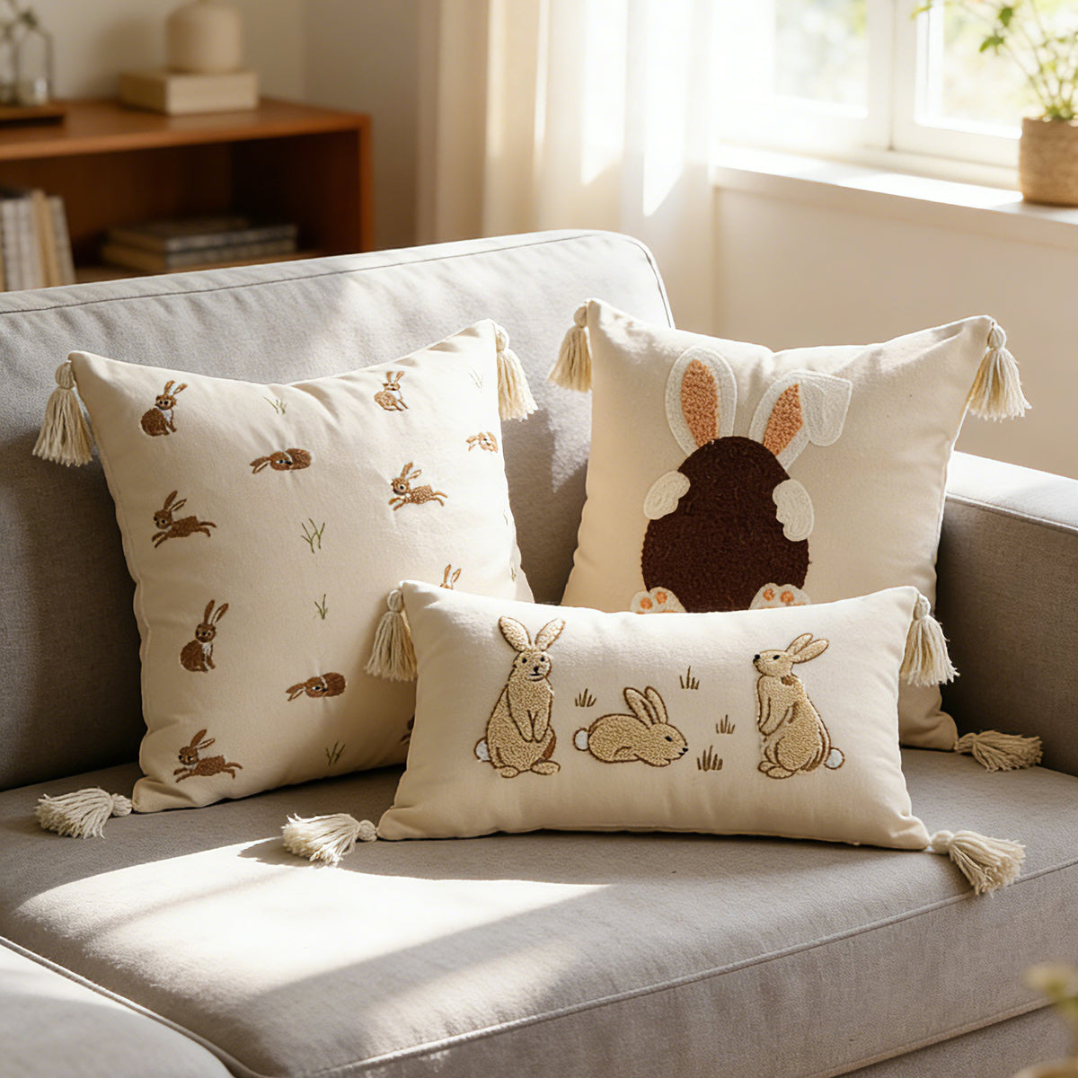 Besticktes Kaninchen Leinenmischung Lendenkissen mit Quastenecken