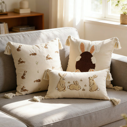 Besticktes Kaninchen Leinenmischung Lendenkissen mit Quastenecken