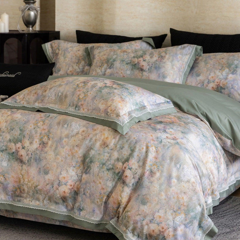 Botanisches Aquarell Baumwollsatin Bettbezug Set mit Spitzenkante und passenden Kissenbezügen
