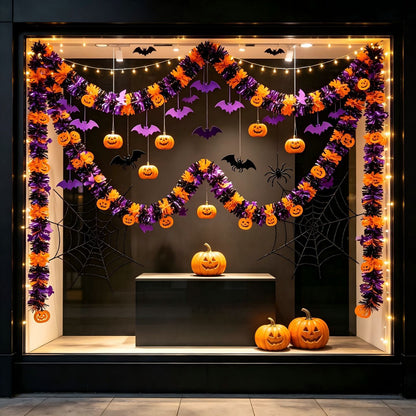 Glänzende Halloween-Girlande aus Kunststoff mit Kürbis-Konfetti und dichten Fransen