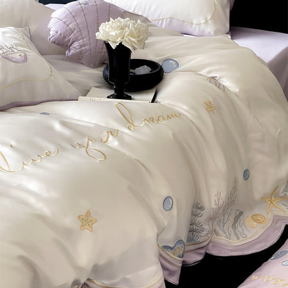 Bestickte Satin-Feeling Ozean-Motiv Bettbezug Set