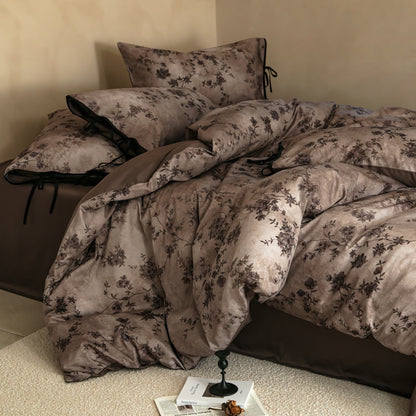 Vintage Floral Wende-Satin Bettbezug & Kissenbezug Set mit Bindungsdetails