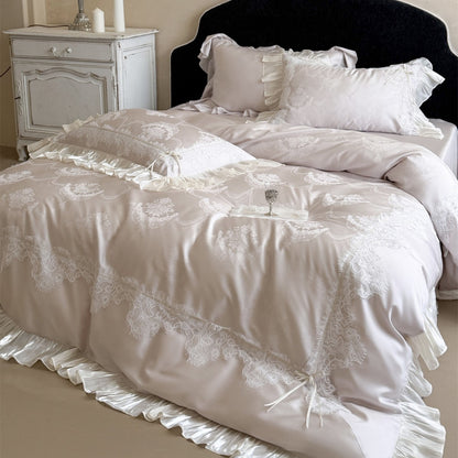 Spitzenbesatz Satin-ähnliches Rüschende Bettbezug Set mit eingewebtem Medaillon Jacquard
