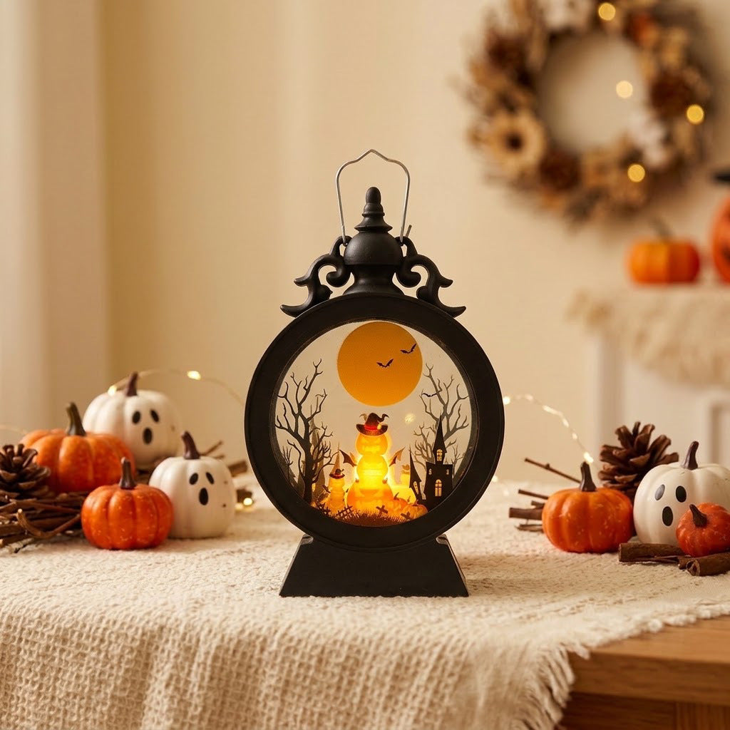 LED-Deko-Tischlaterne mit Halloween-Silhouetten und warmweißem Leuchten