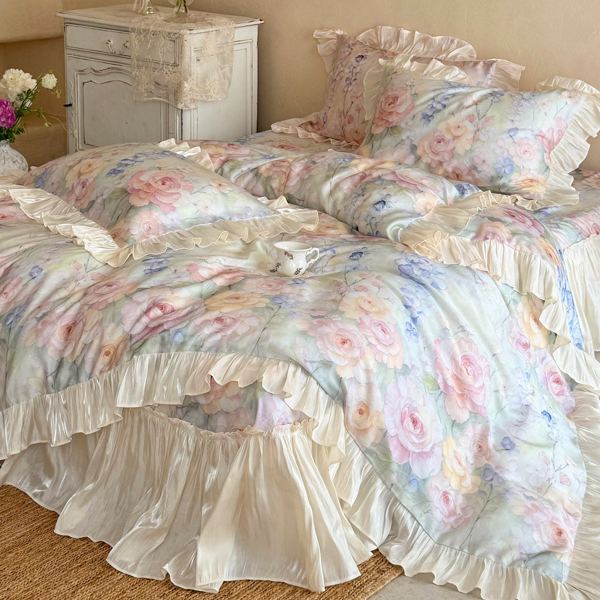 Romantisches Aquarell-Rosen-Baumwollsatin-Rüschende Bettbezug-Ensemble mit Satinbesatz-Bett Rock & Dekorativen Rüschenshams