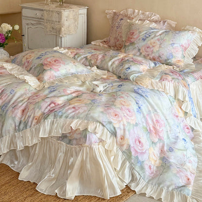 Romantisches Aquarell-Rosen-Baumwollsatin-Rüschende Bettbezug-Ensemble mit Satinbesatz-Bett Rock & Dekorativen Rüschenshams